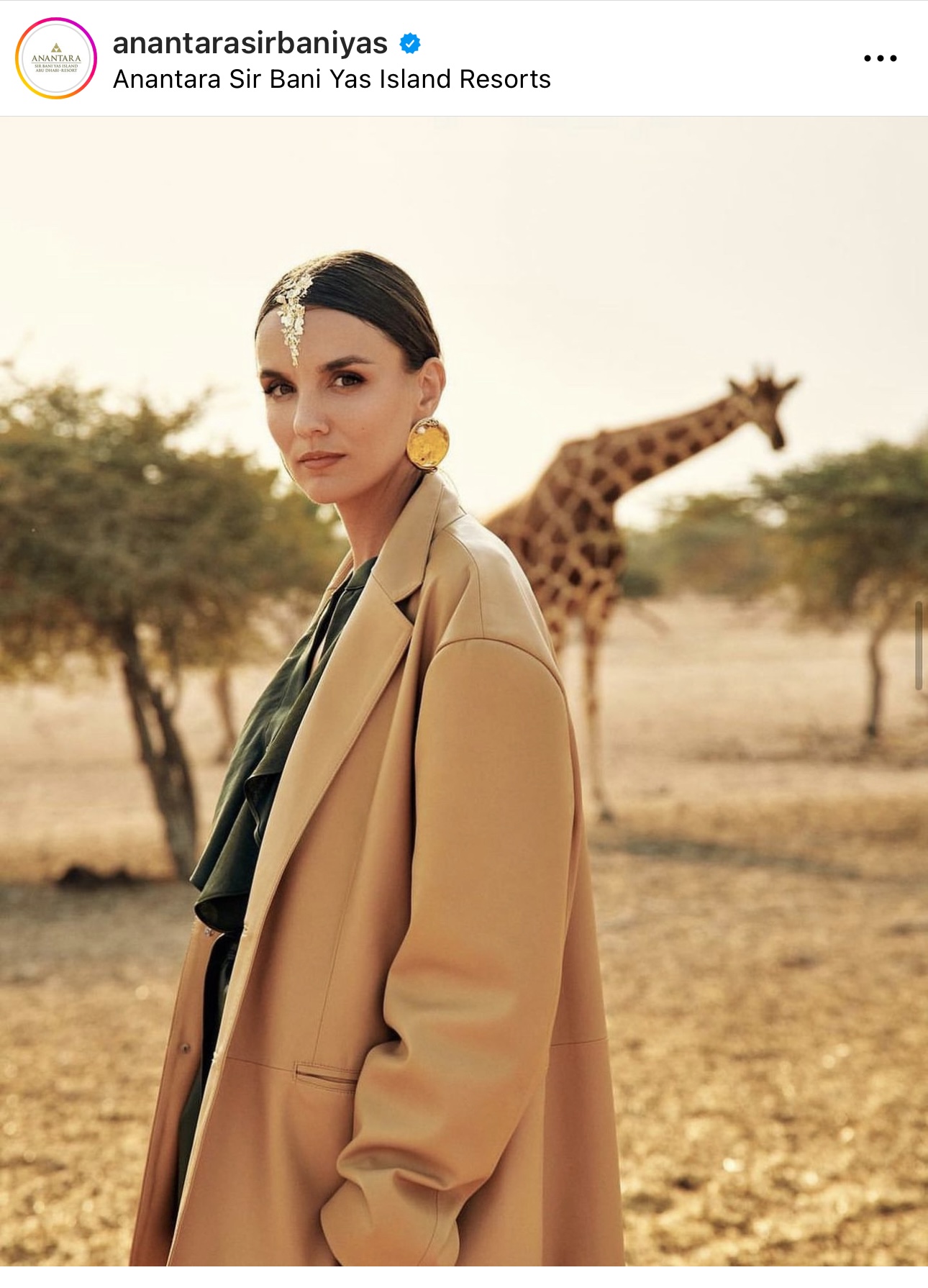 Official Anantara Sir Bani Yas Instagram post featuring Mariana in a resort campaign